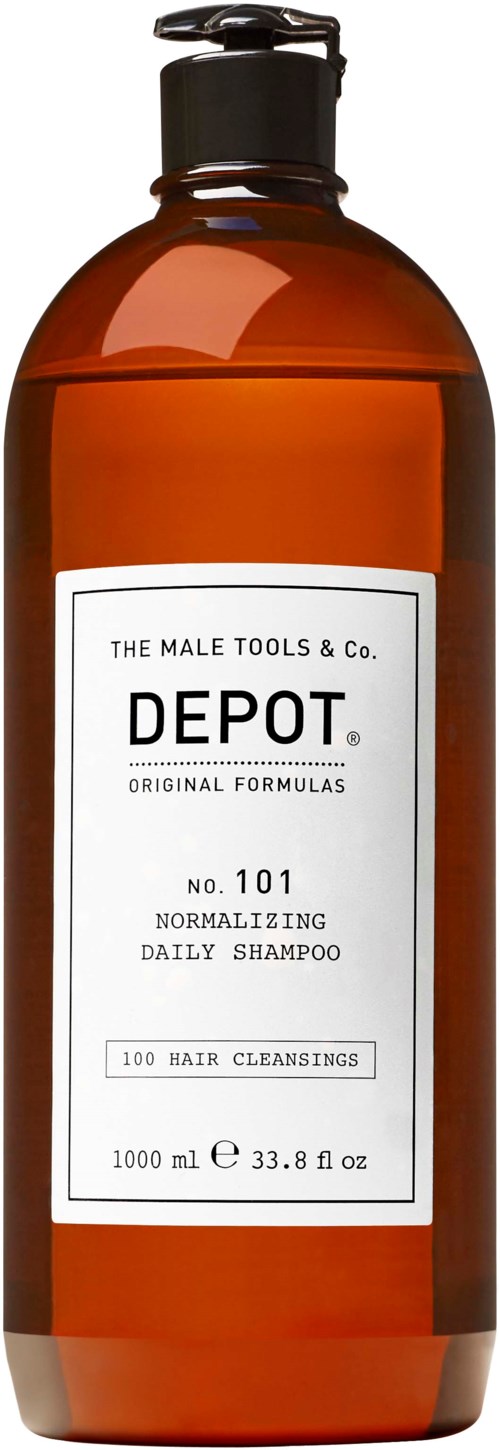 Eine braune Flasche mit schwarzem Pumpen, Beschriftung liest 'Depot' und beschreibt es als Shampoo für Haarreinigung.