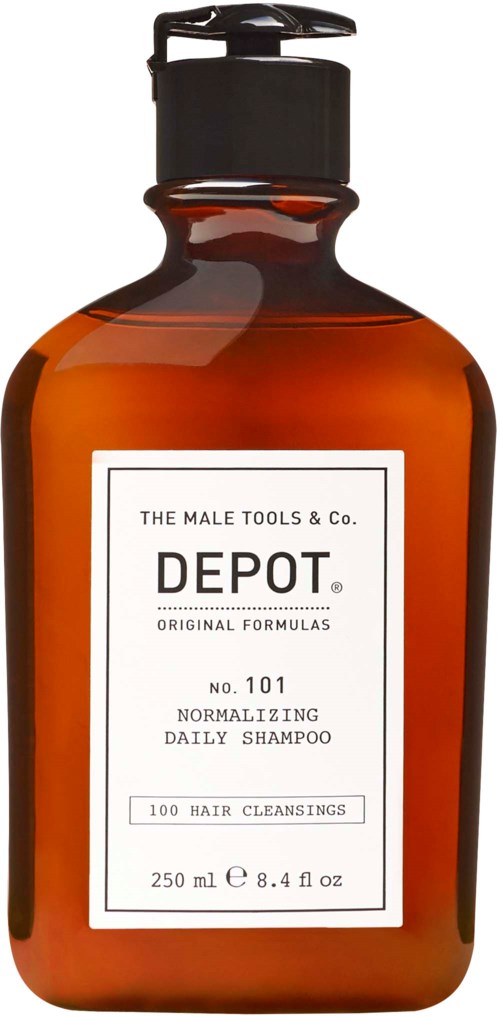 A brown bottle with a pump cap labeled 'DEPO' for men's daily shampoo, 250 ml, for hair cleansing.