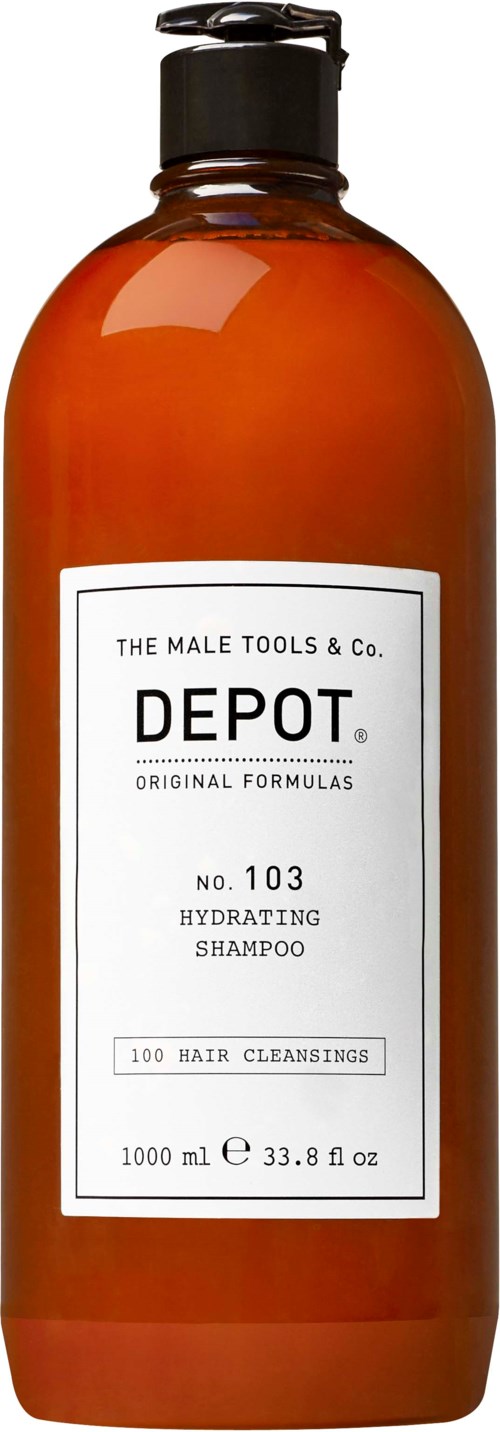 En stor brun flaske med pumpe; etiketten har teksten 'Depot Hydrating Shampoo' for hårvask, 1000 ml.