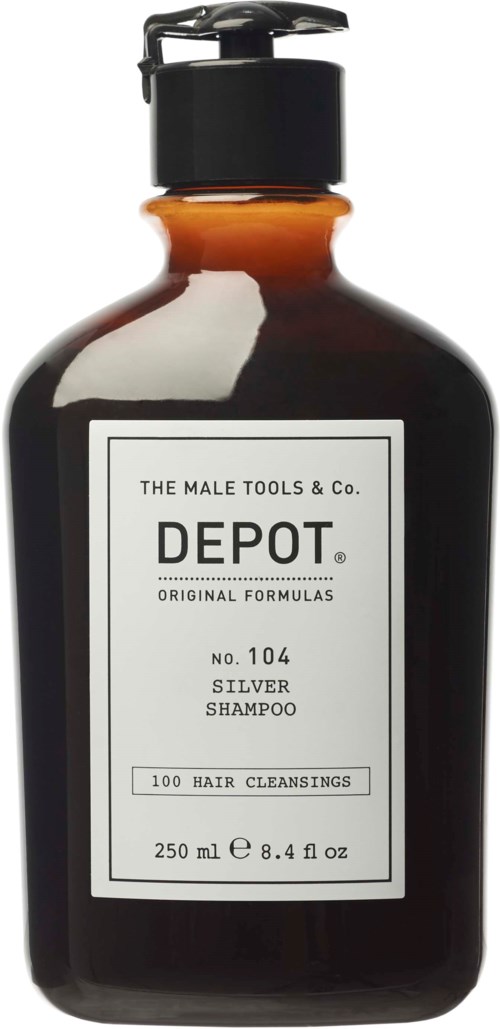 A dark amber bottle with a black pump. Label reads Depot Silver Shampoo for hair cleansing, 250 ml.