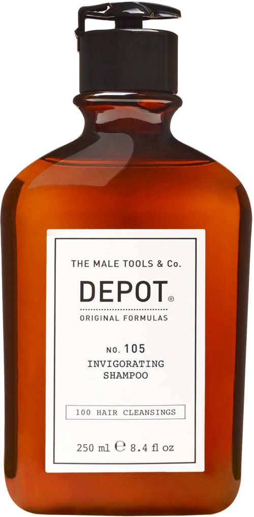 Bruine shampoo fles met een zwarte pomp, gelabeld 'Depot, Vernieuwend Shampoo, voor haarreiniging, 250 ml.'