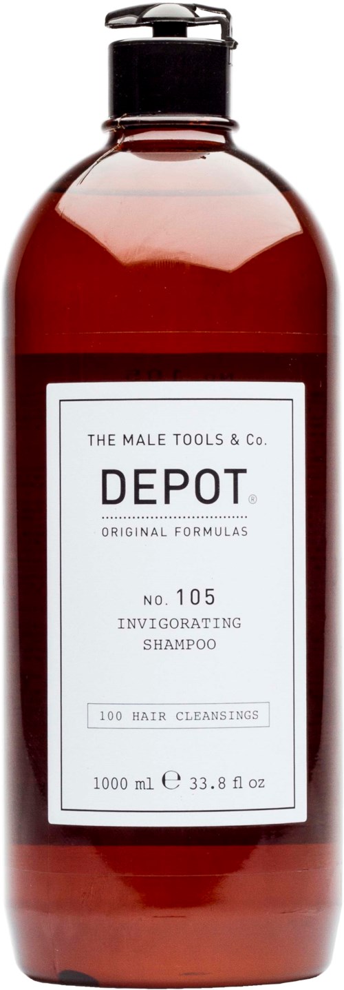 A red bottle of men's shampoo labeled 'Depot No. 105 Invigorating Shampoo' for hair cleaning.
