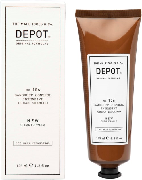 A brown tube of Dandruff Control Intensive Cream Shampoo beside its white box. Both show similar labels and branding.