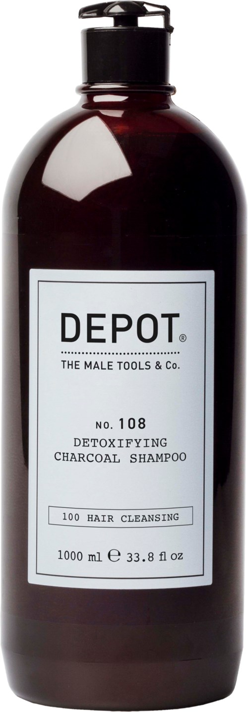 Donkere fles met wit etiket, gemarkeerd als ontgiftende actievulkenshampoo, 1000 ml.