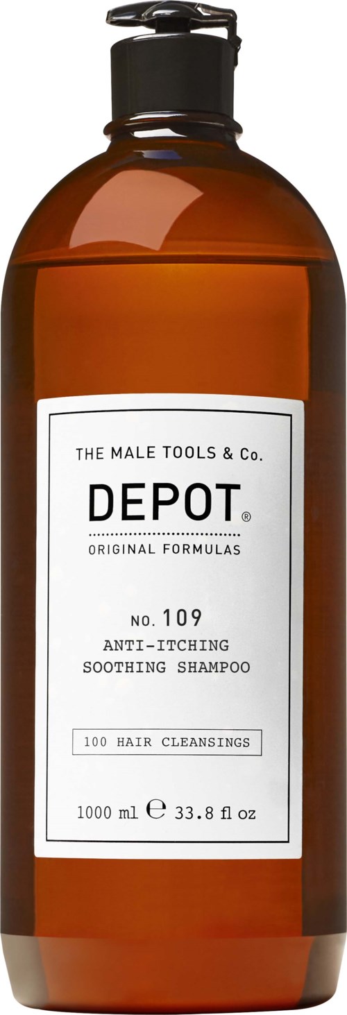 A brown bottle with a black pump, labeled 'Depot' anti-itching shampoo, containing 1000ml of product.