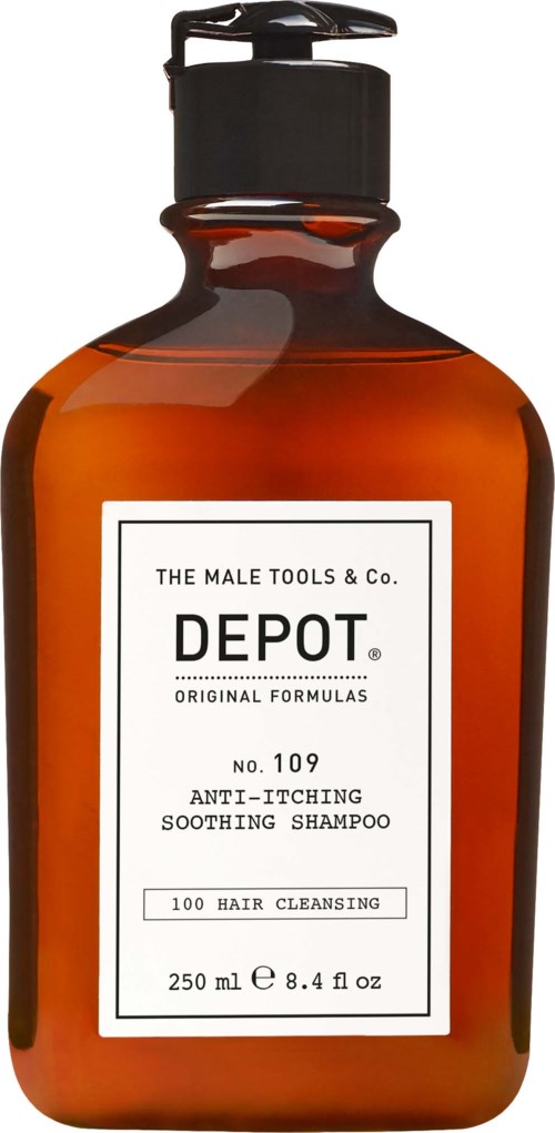 Een bruine fles met een zwarte pomp, gelabeld met "DEPOT" en vermeldt verzachtende shampoo tegen jeuk.
