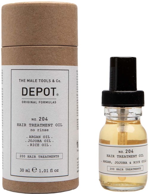 A small bottle of hair treatment oil with a dropper, and a brown cylindrical container. Both have white labels.