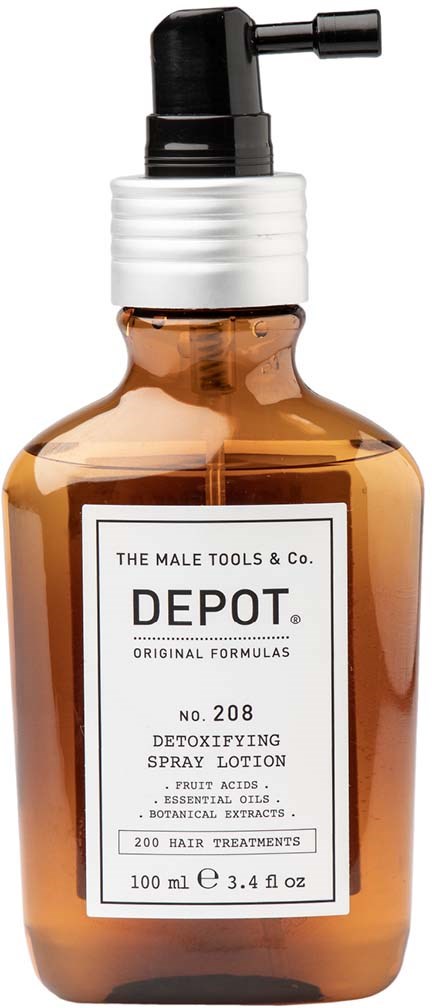 A brown spray bottle labeled 'DEPOT' for hair treatments, with a black spray nozzle and a white cap.