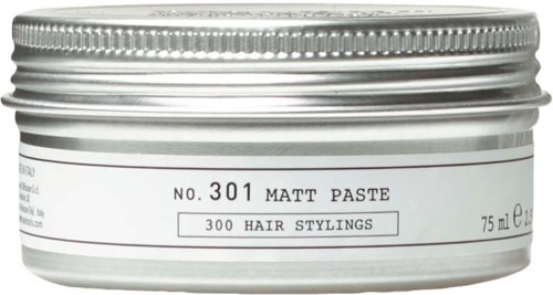 A silver container with a white label, holding 75 mL of Matt Paste for 300 hair stylings.