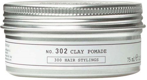 A silver metal container labeled as clay pomade for 300 hair stylings, 75 ml size.