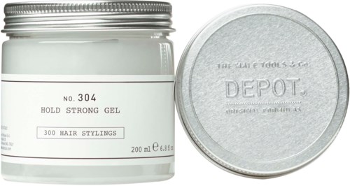 A hair gel container with a silver lid and a label indicating hold strength and quantity.