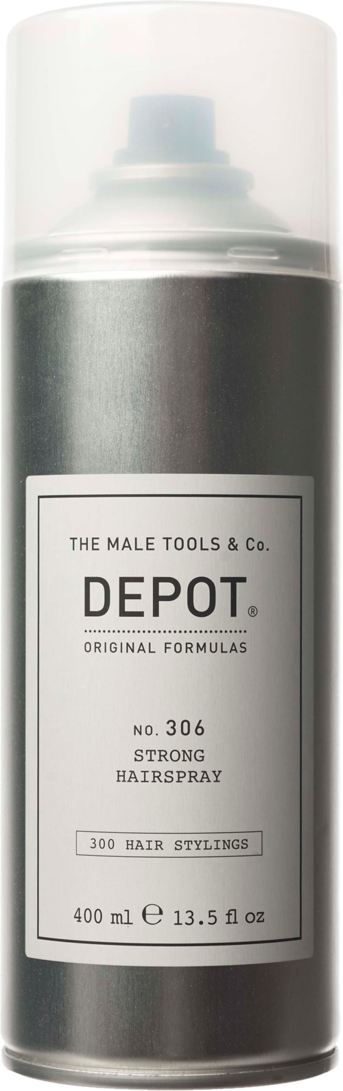 A black and white spray can labeled Depot strong hairspray, 400 ml, for hair styling.
