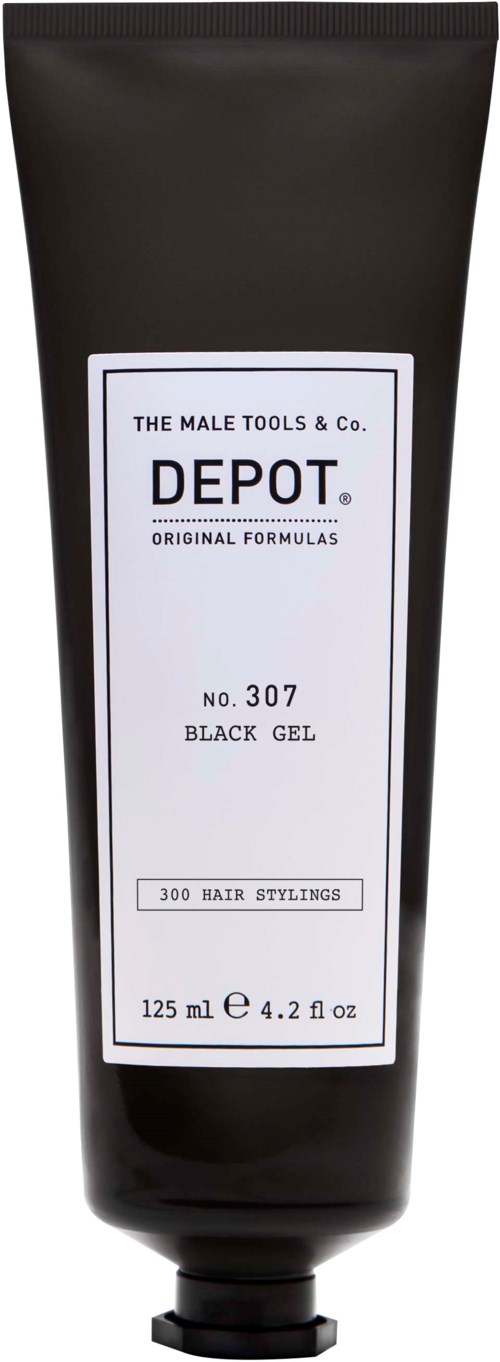 Musta geelit gewonnen etiketti, jossa lukee hiusten muotoiluun, Depot, nro 307, 125 ml.