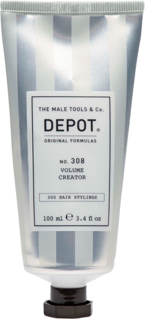 Hopea- ja valkoisraitaa rulla etikettillä, jossa lukee DEPOT, muodon luoja hiusten muotoiluun, 100 ml.