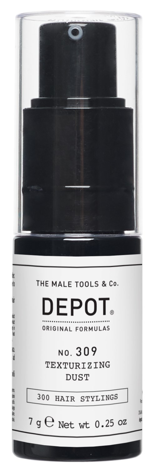 Een klein flesje met zwarte vloeistof, gelabeld als texturizing dust voor haarstyling, door Depot-merk.