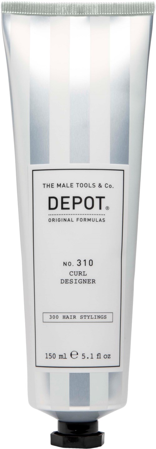 En silver- och vit tub märkt DEPOT, innehåller hårstyling för lockar, från The Male Tools & Co.