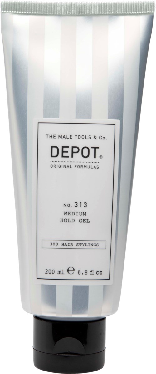 A silver and white tube of hair gel with black cap, labeled Depot, size 200ml, for medium hold.