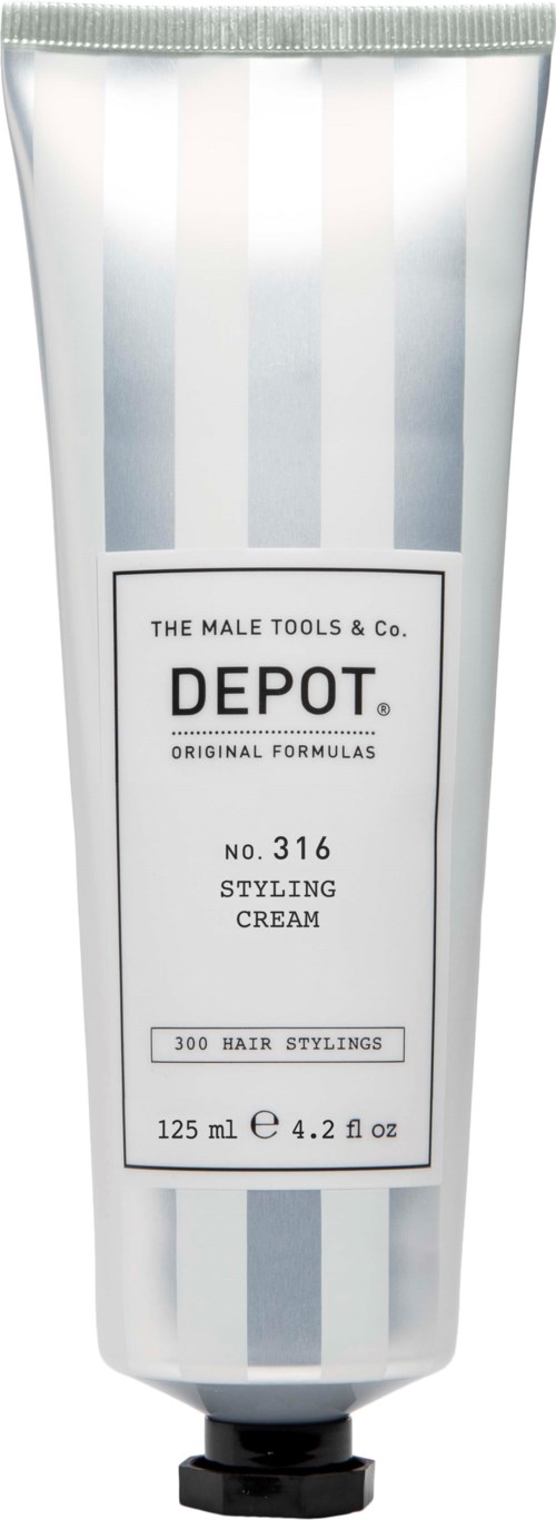 Valkoinen putki harmailla raidoilla, merkiltä 'Depot Styling Cream' The Male Tools & Co., sisältää 125 ml.