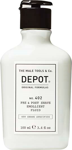 En vit flaska med svart lock, märkt Depot före och efter rakning mjukgörande vätska, 100 ml.