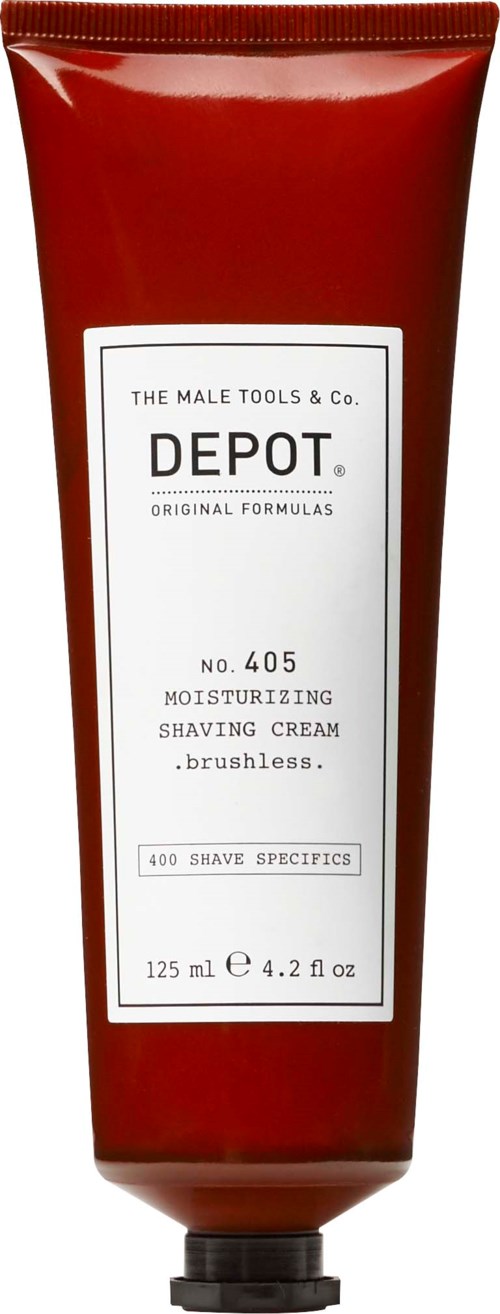 A red tube of deodorizing shaving cream by DEPOT, 125 ml size, without brush, designed for wet-shaving.