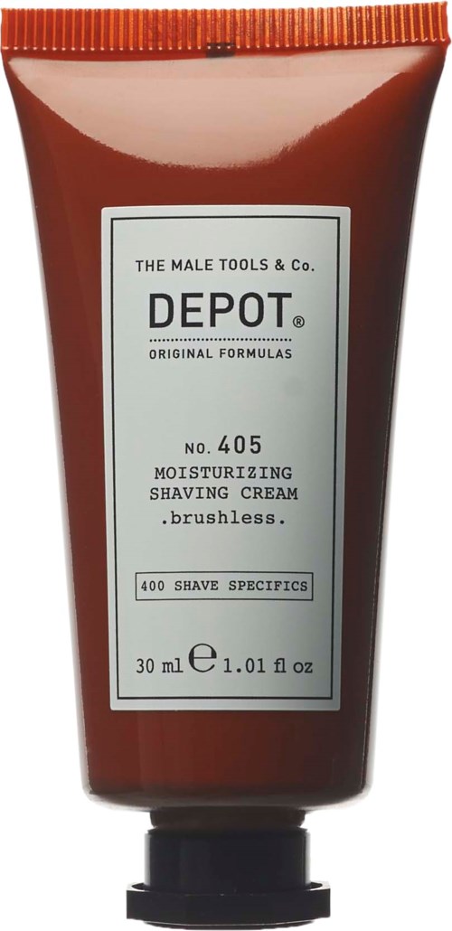 A brown tube of moisturizing shaving cream with a black cap and white label, featuring product details and branding.