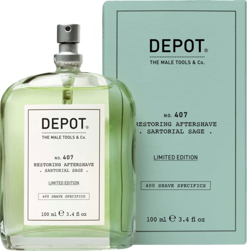 A green bottle and light blue box of Depot restoring aftershave with sage scent, 100ml, limited edition.
