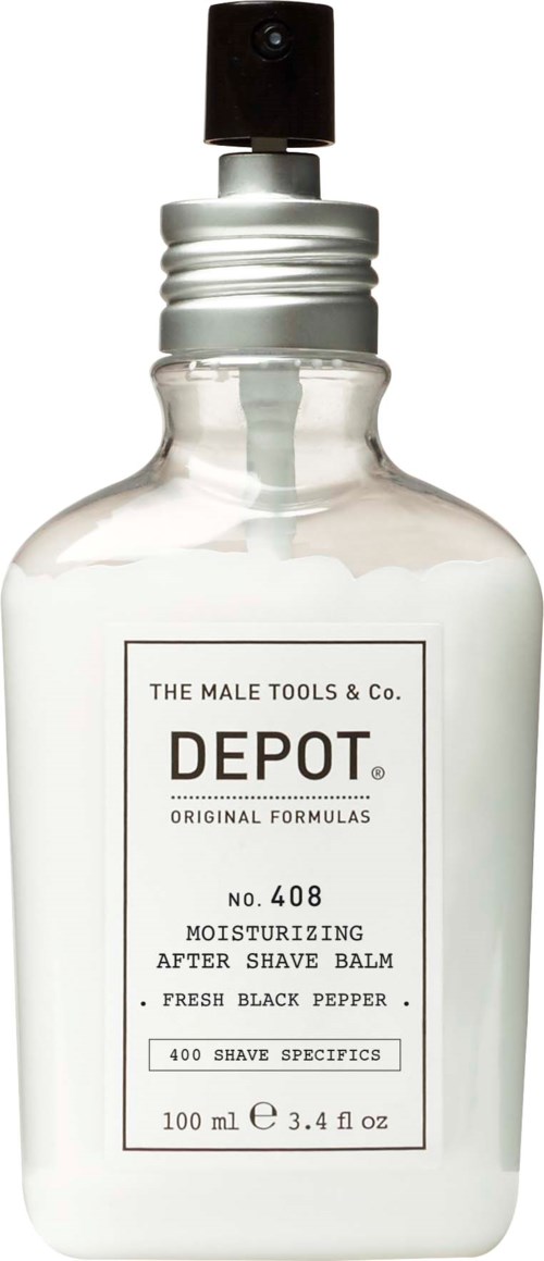 En klar flaska med svart spraylock, märkt som herrfuktkräm med svartpeppardoft, 100 ml storlek.