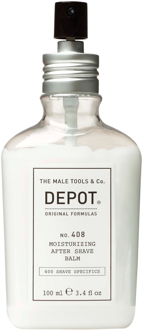En vit flaska med svart sprayhuvud, märkning som återfuktande after shave balm för män, innehåller 100 ml.