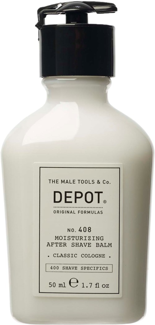 Vit flaska med svart pump, märkt som återfuktande after shave-balm, 50 ml, för män, klassisk colognescent.