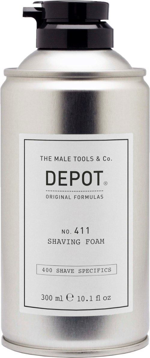 Hopeasuojus, hopeanvärinen vaahtomuovipurkki mustalla kannella, merkinnällä "Depot No. 411". 300 ml.