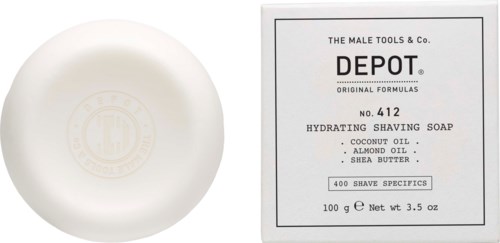 A round soap on a white dish and a box of hydrating shaving soap with coconut oil, almond oil, and shea butter.