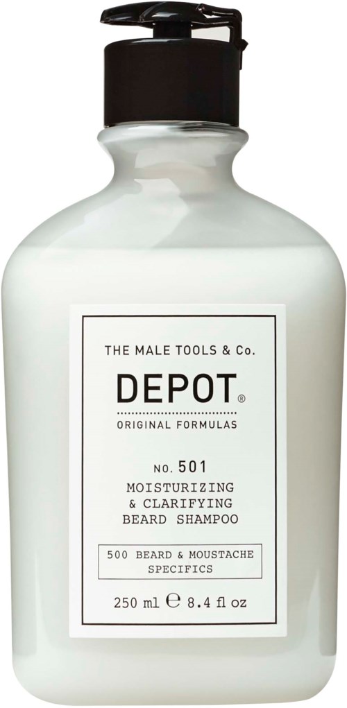 A white bottle with a black cap, labeled as nourishing beard shampoo with 250 ml capacity.
