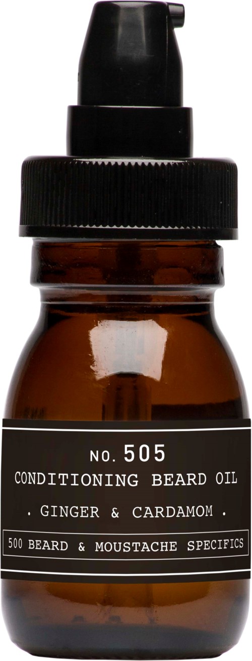 En liten brun flaska med svart pump märkt 'Ginger & Cardamom' skäggolja för vård och tillväxt.
