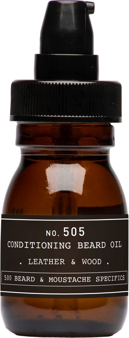 En brun glassflaske med pump som er merket 'No. 505 Conditioning Beard Oil' for lær og tre, 500 skjegg og bart.