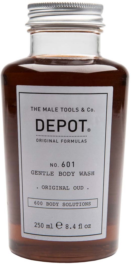 A brown bottle with a silver lid, label says DEPOT Gentle Body Wash, 250 ml, for men.
