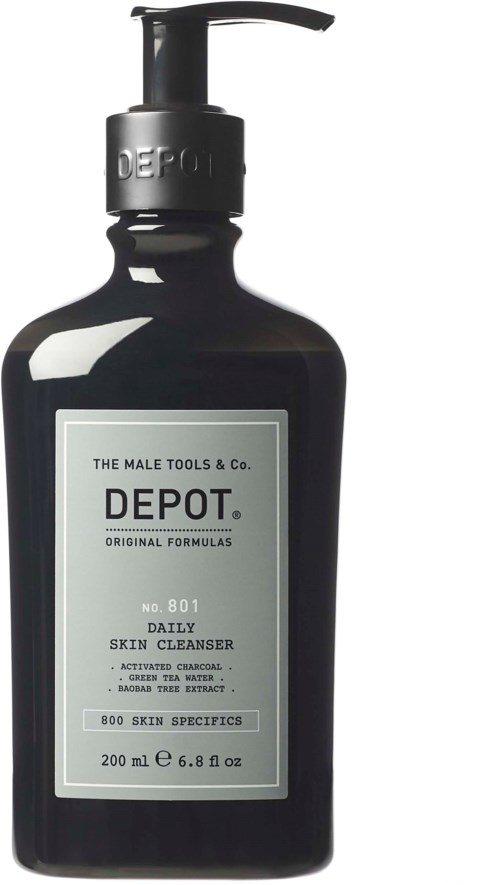 En svart flaska med pump, märkt 'DEPOT Daily Skin Cleanser' för mäns hudvård, med 200 ml kapacitet.