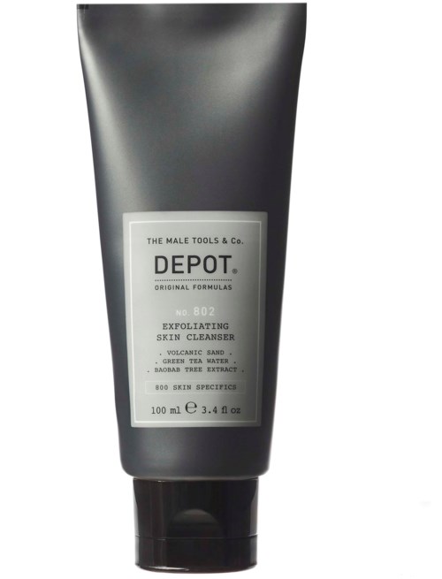 Mørk grå tube merket Depot Exfoliating Skin Cleanser, 100 ml, med svart lokk.