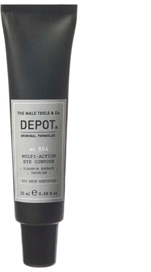 Musta putkilku, jossa valkoinen etiketti lukee 'Depot Multi-Action Eye Contour', sisältää 20 ml ihonhoitotuotetta.