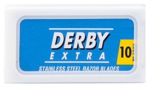 A box of Derby Extra razor blades with 10 stainless steel blades inside.