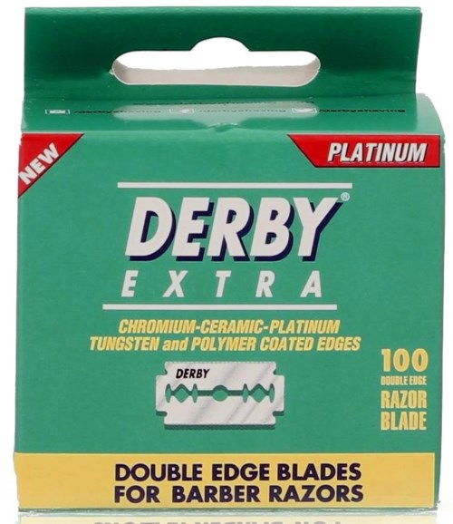 Green box contains 100 double edge blades for barbers. Near top, label says "NEW" and "PLATINUM."