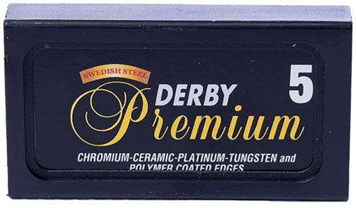 A box of Derby Premier razor blades for shaving, labeled as high quality with platinum-tungsten coated edges.