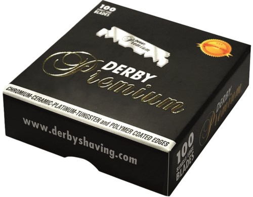 A black box of 100 double-edged safety razors from Derby. The box features gold and white text and a website address.