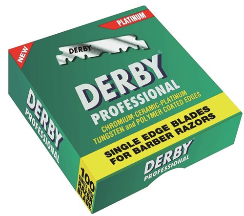 A green box of Derby Professional razor blades for barbers, with details on blade material and edges.