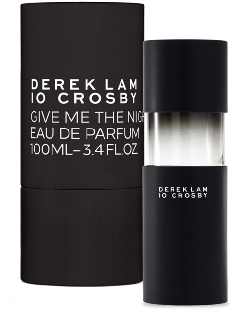 A black perfume bottle with a separate cap, and a matching black box with white text.