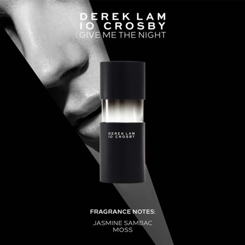 A perfume bottle in front of a black-and-white face with lips. Text shows the fragrance name, scent notes, and artist.