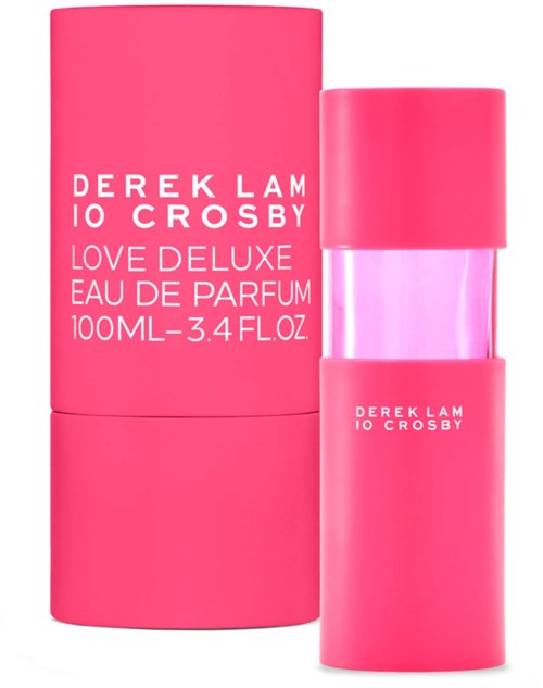 A pink perfume bottle with a matching box, labeled Derek Lam 10 Crosby Love Deluxe Eau de Parfum, 100ml.
