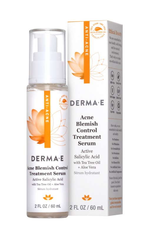 Een heldere fles acnebehandelsel serum met pomp, naast een doos met oranje en wit ontwerp, label vermeldt Aloe Vera.