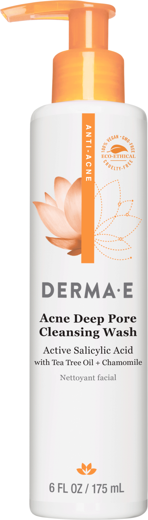 Een witte fles met pomp, gelabeld Derma E Acne Deep Pore Cleansing Wash, met oranje accent en lotus bloem.