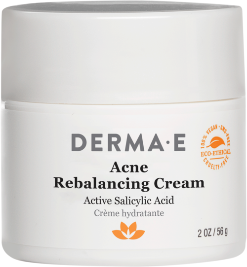 Witte container met label voor acnecrème, bevat salicylzuur en eco-ethisch symbool, 56 gram.