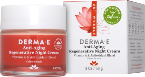Een pot en doos van Derma-E anti-aging nachtcrème met vitamine A en antioxidanten. Merknaam en productgegevens zichtbaar.